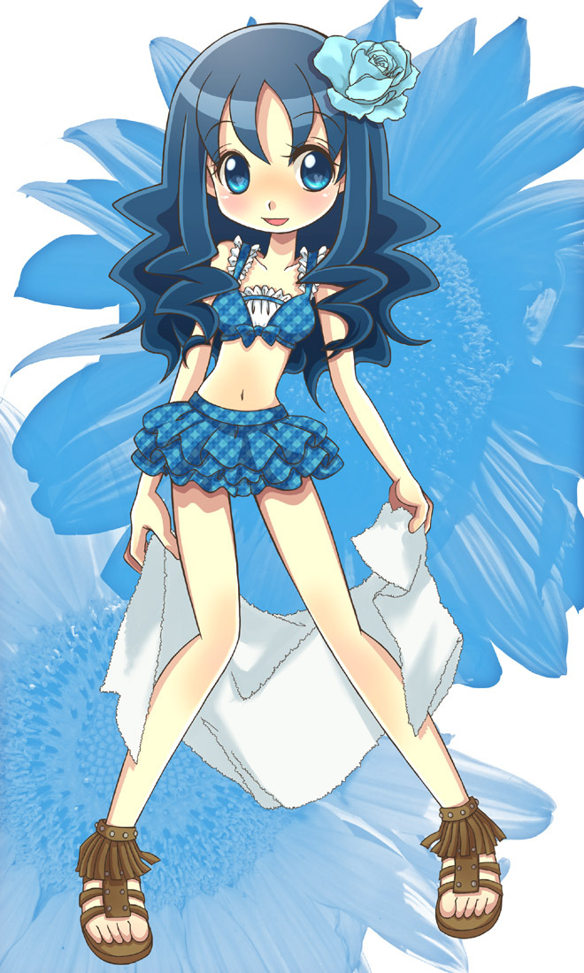 blue, blue_eyes, blue_hair, blue_rose, flower, frilled_bikini, frills, hair_flower