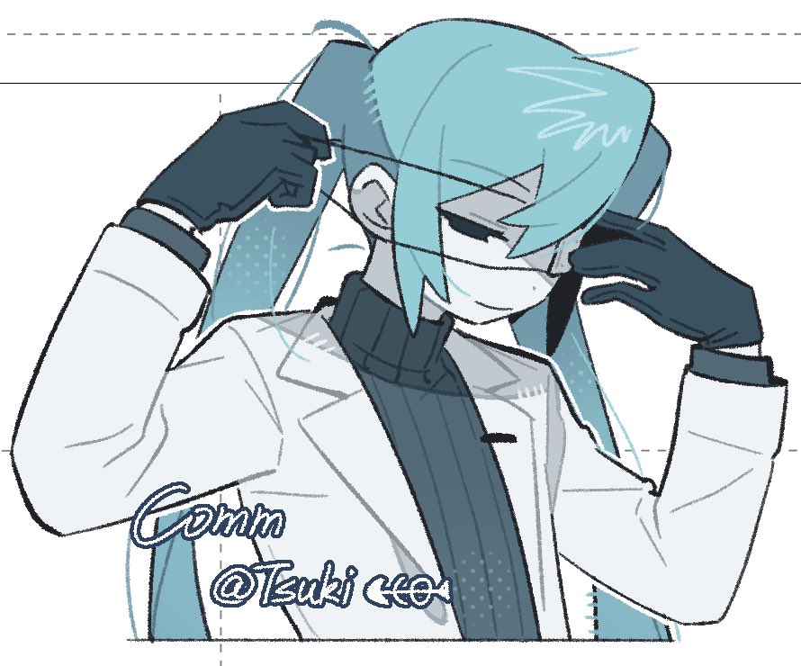 1girl, adjusting_eyepatch, black_eyes, black_gloves, black_sweater, blue_hair, closed_mouth, coat