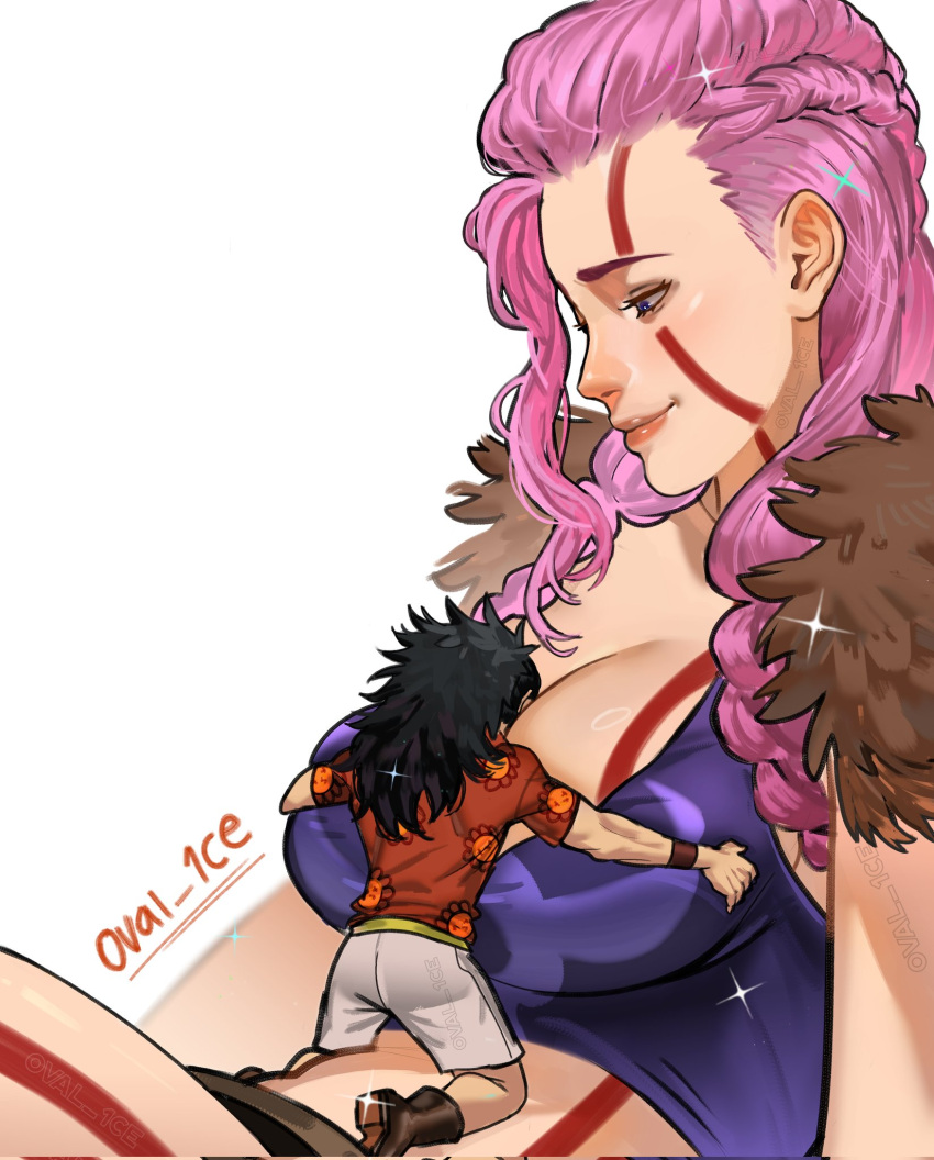 1boy, 1girl, black_hair, breasts, couple, facial_mark, giant, giantess