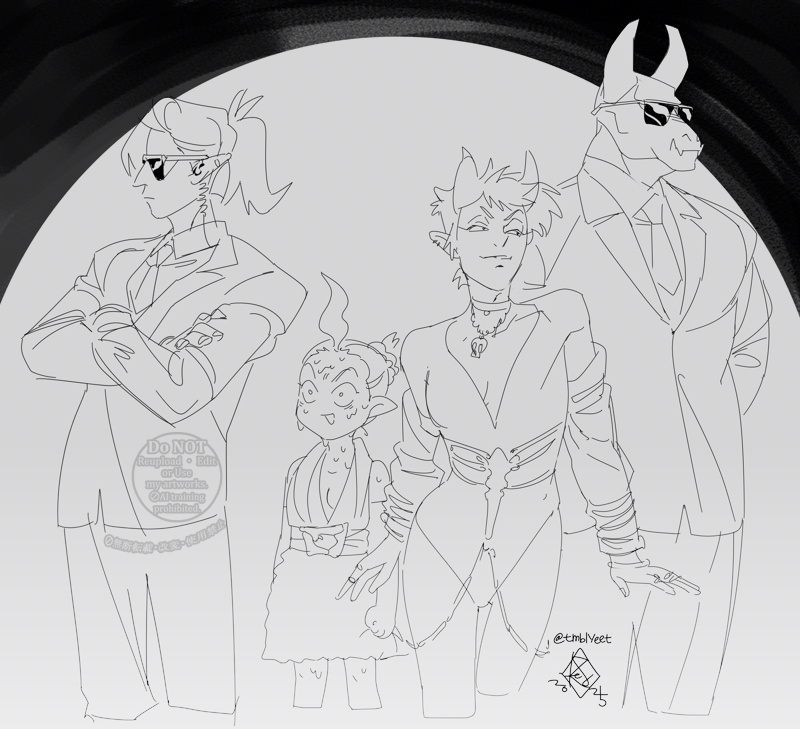 1boy, 3girls, ahoge, choker, crossed_arms, demon_boy, demon_girl, demon_horns