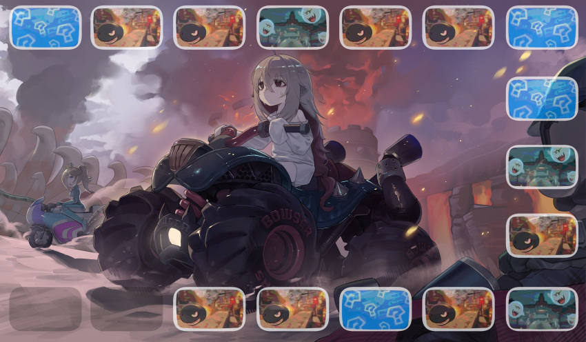 2girls, absurdres, biker_rosalina, closed_mouth, commentary, driving, fire, grey_hair
