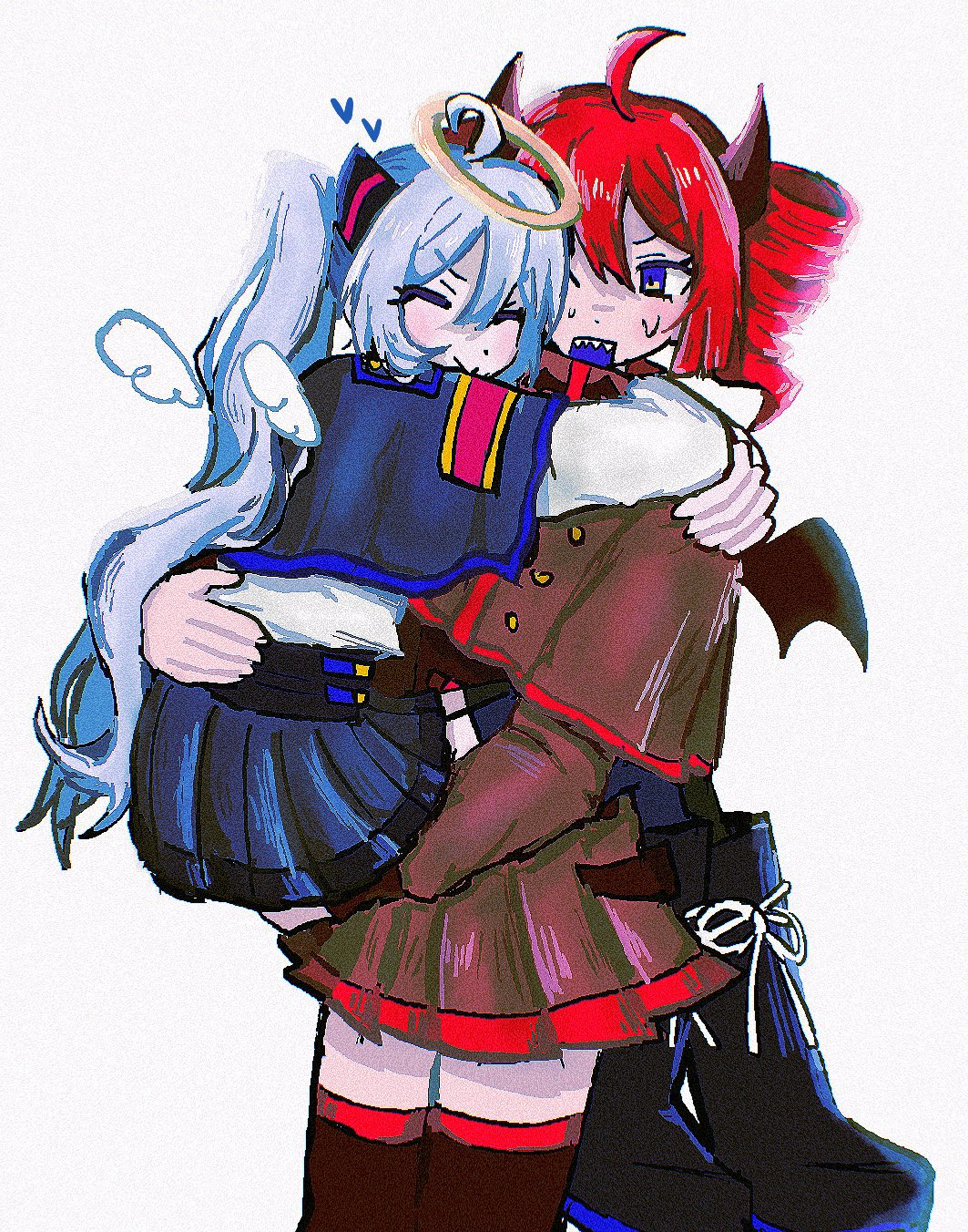 2girls, black_horns, black_thighhighs, black_wings, carrying, carrying_person, closed_eyes, closed_mouth