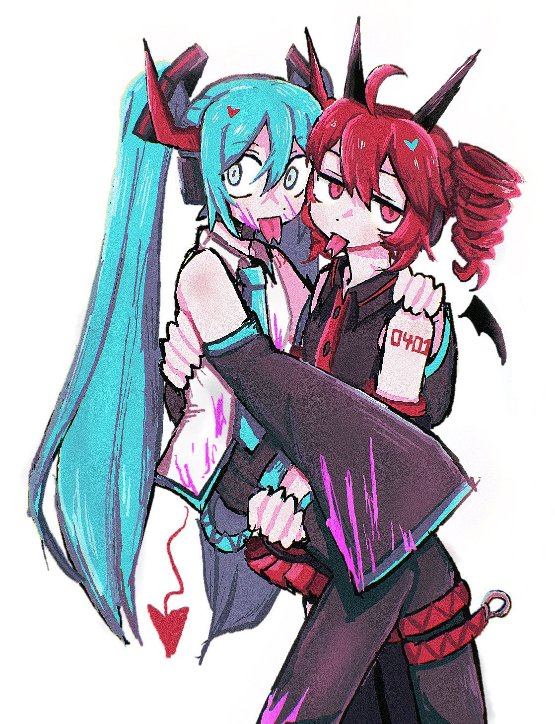 2girls, after_kiss, black_horns, black_shirt, black_sleeves, blue_eyes, blue_hair, blue_necktie