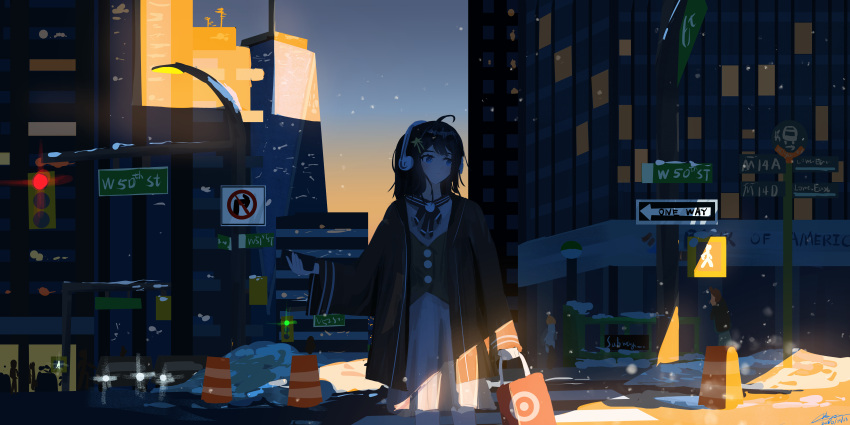 1girl, absurdres, arm_at_side, bag, bilingual_commentary, black_bow, black_bowtie, black_coat