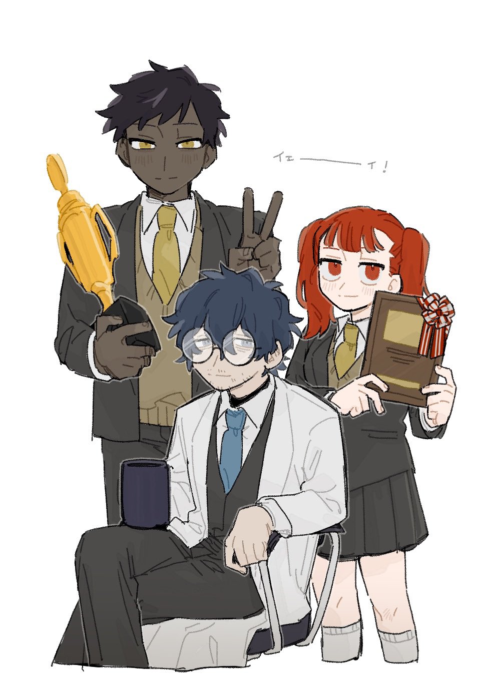 1girl, 2boys, alyssa_(project_moon), black_skirt, blue_eyes, blue_hair, blue_necktie, closed_mouth, coat, collared_shirt, commentary_request, dark-skinned_male, dark_skin, glasses, hand_up, hands_up, highres, hohenheim_(project_moon), holding, holding_trophy, ko_me_ko_mk, lab_coat, limbus_company, marton_(project_moon), multiple_boys, necktie, pleated_skirt, project_moon, shirt, simple_background, skirt, smile, trophy, v, white_background, white_coat, yellow_eyes, yellow_necktie