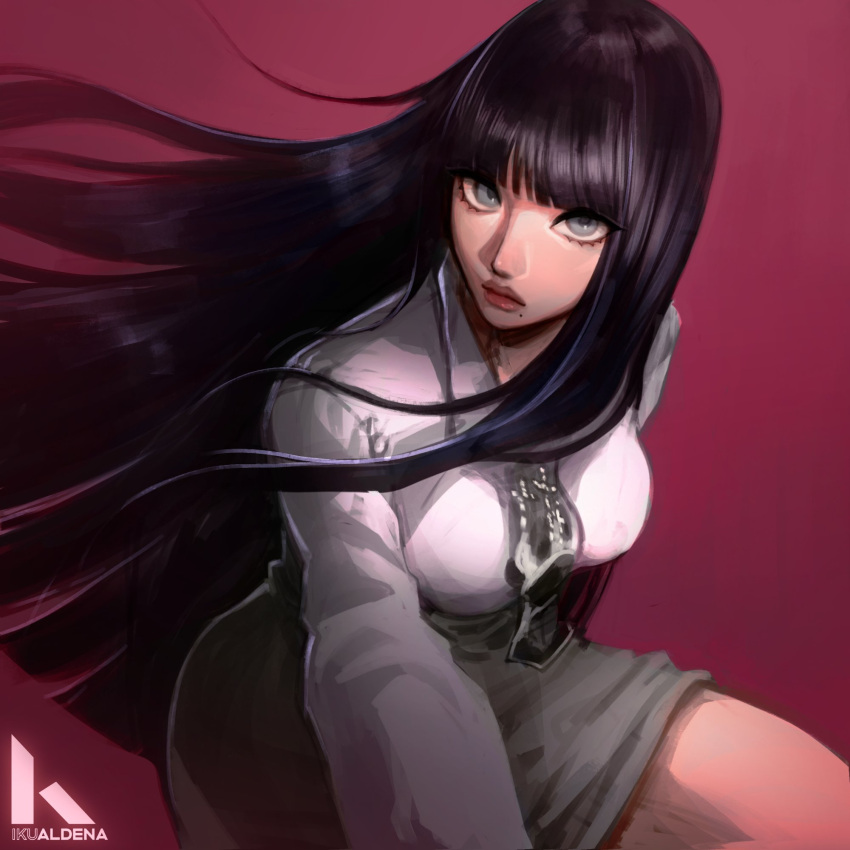 1girl, aespa, black_hair, blue_eyes, blunt_bangs, closed_mouth, commentary, floating_hair
