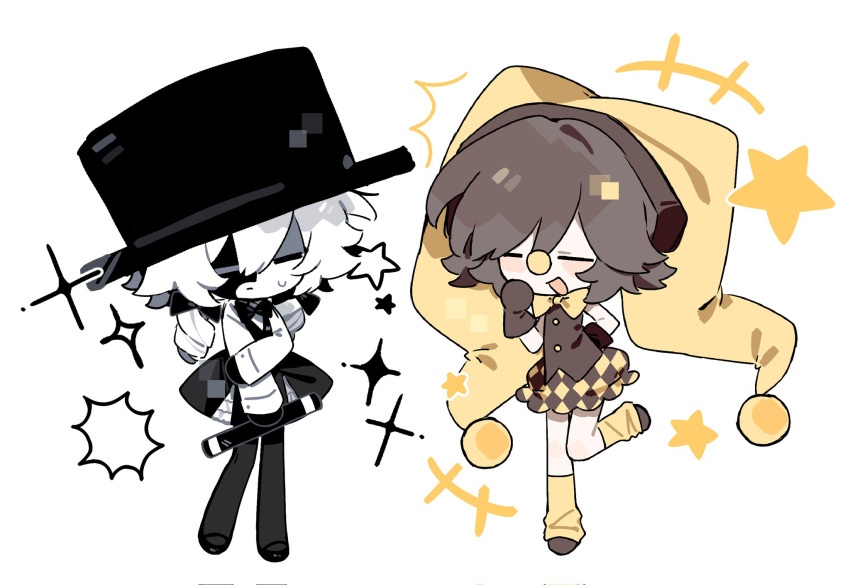 2girls, artful_(die_of_death), banana_peel_(die_of_death), black_bow, black_bowtie, black_hat, black_pantyhose, black_skirt