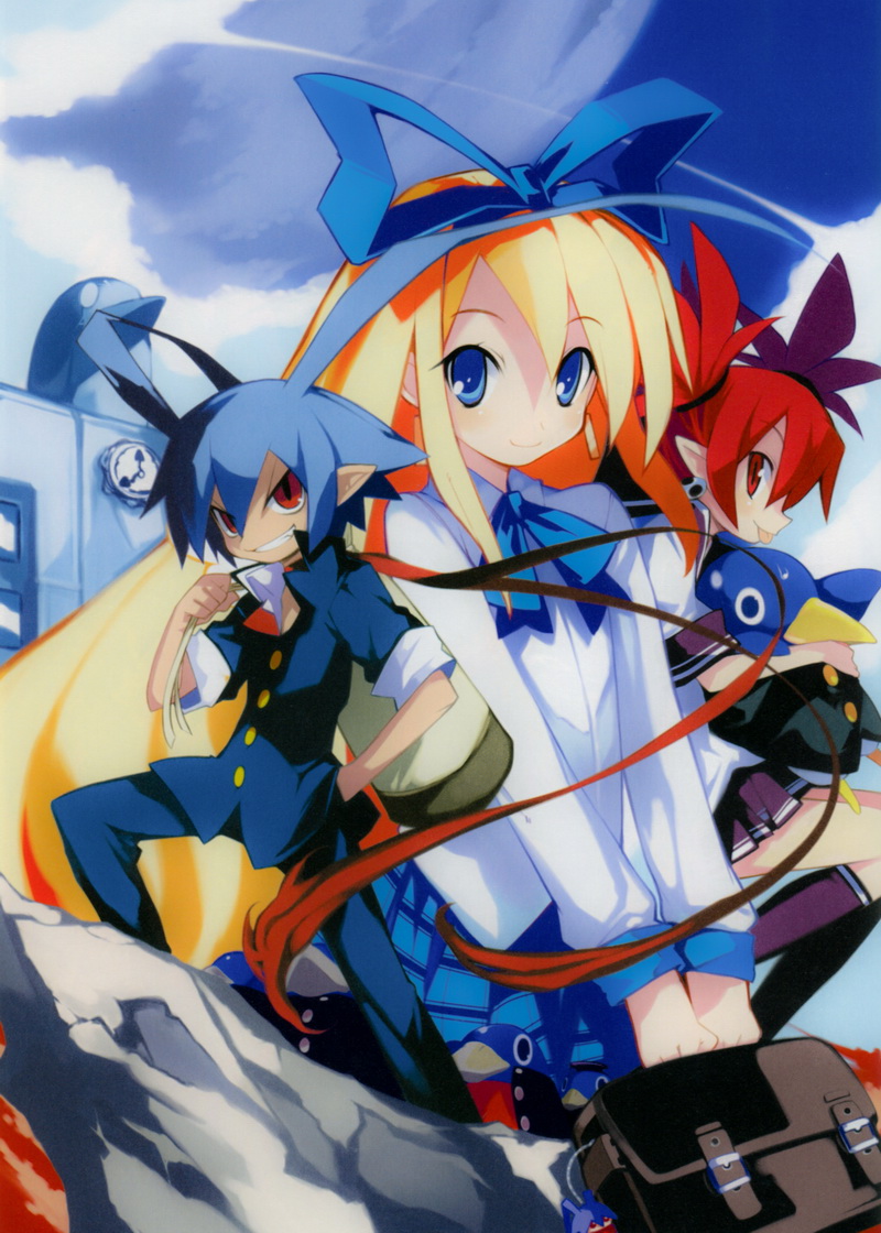 blonde_hair, blue_eyes, blue_hair, etna, flonne, group, jewelery, laharl, long_hair, pointy_ears, prinny, red_eyes, redhead, ribbon, school_bag, school_uniform, skirt, smile, twintails, yamamoto_keiji