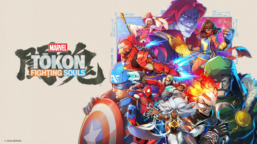 3girls, 6+boys, armor, bodysuit, captain_america, copyright_notice, dark-skinned_female, dark_skin, doctor_doom, fantastic_four, fighting_stance, fingerless_gloves, ghost_rider_(robbie_reyes), gloves, helmet, highres, hood, iron_man, kamala_khan, key_visual, logo, marvel, marvel_tokon:_fighting_souls, mask, multiple_boys, multiple_girls, official_art, peter_quill, power_armor, promotional_art, robbie_reyes, serious, spider-man, spider-man_(series), star-lord, storm_(x-men), superhero_costume, the_champion_(marvel), x-men