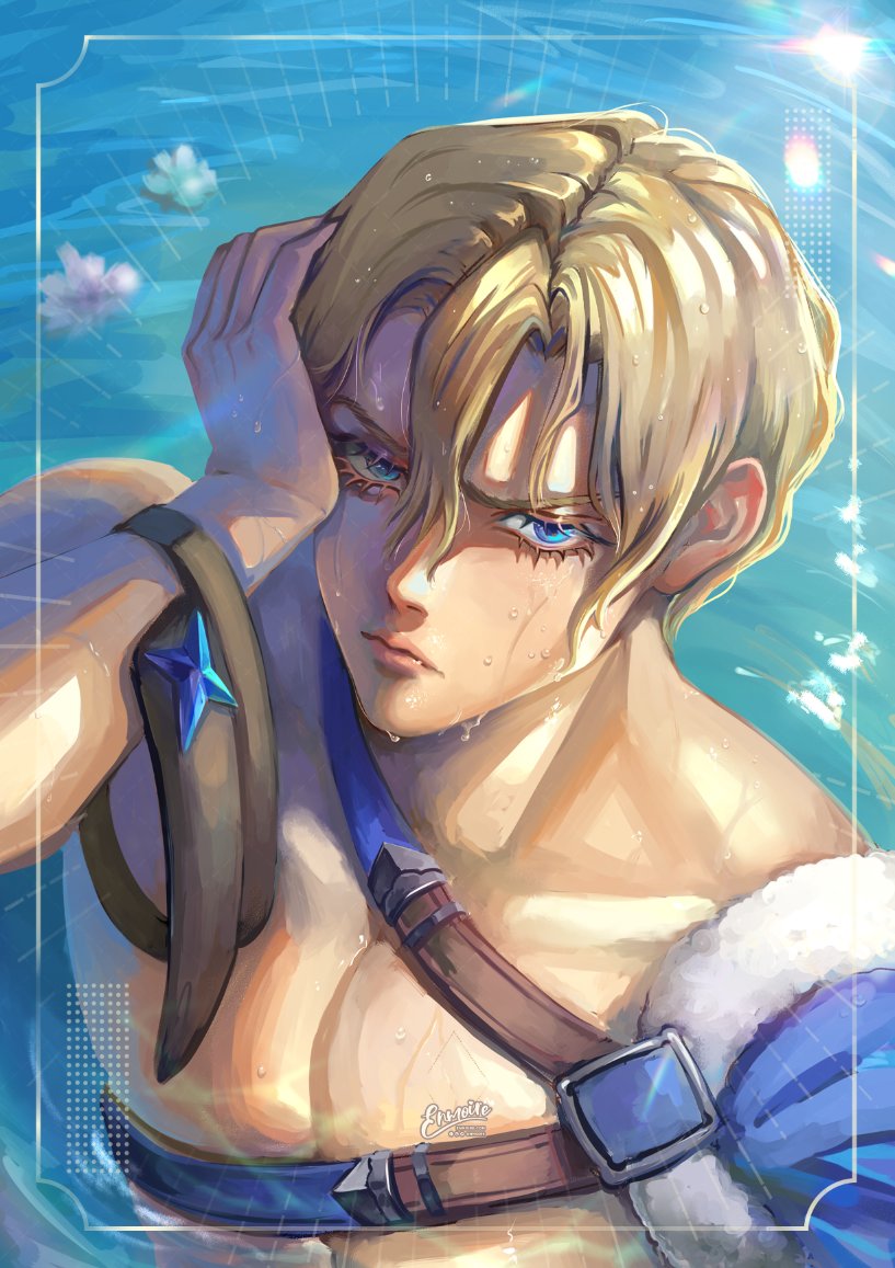 1boy, arm_up, bare_pectorals, blue_cape, blue_eyes, cape, chest_strap, closed_mouth