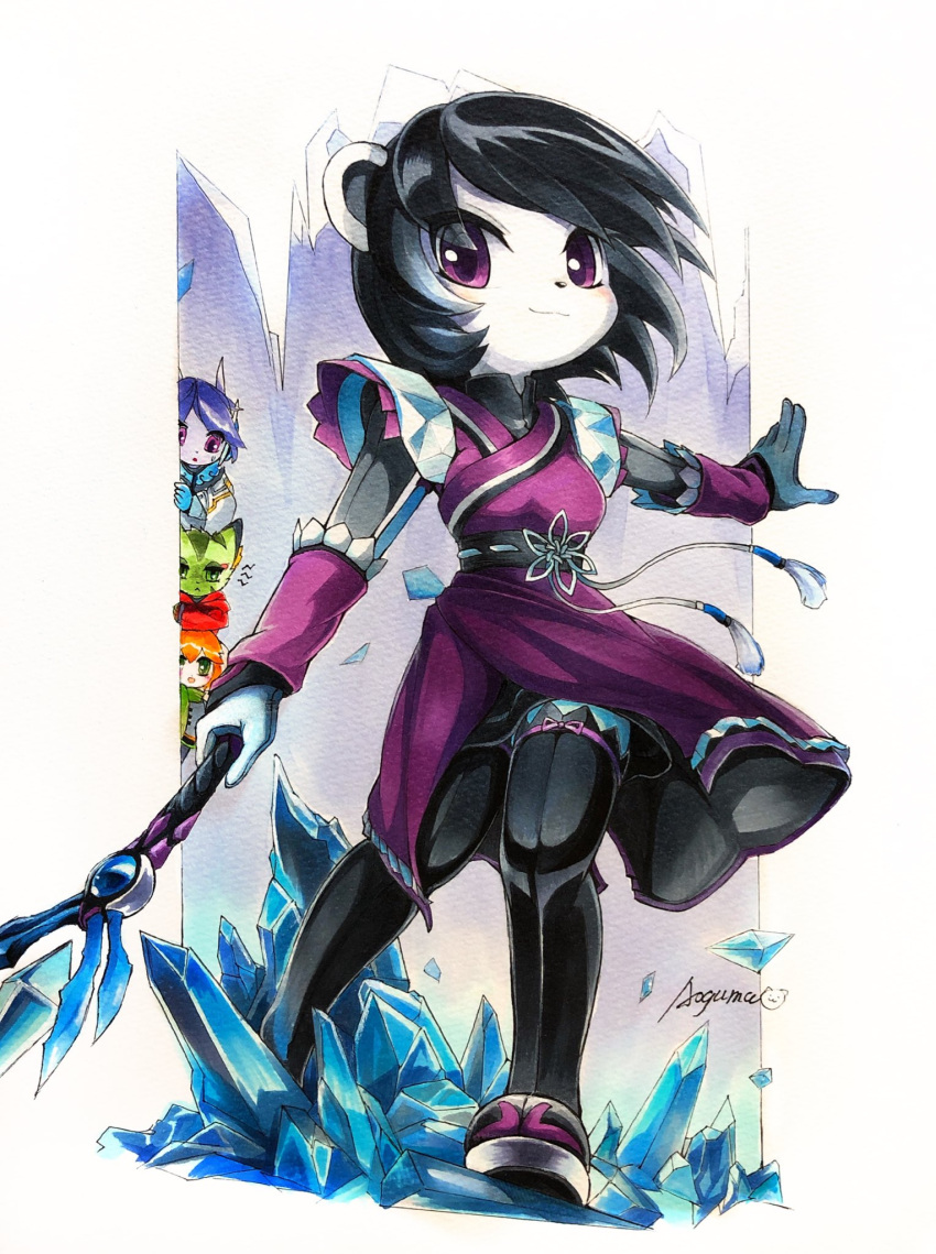 animal_ears, aoguma_(jtpa4525), arm_guards, basset_hound, black_hair, black_nose, carol_tea, cat_girl