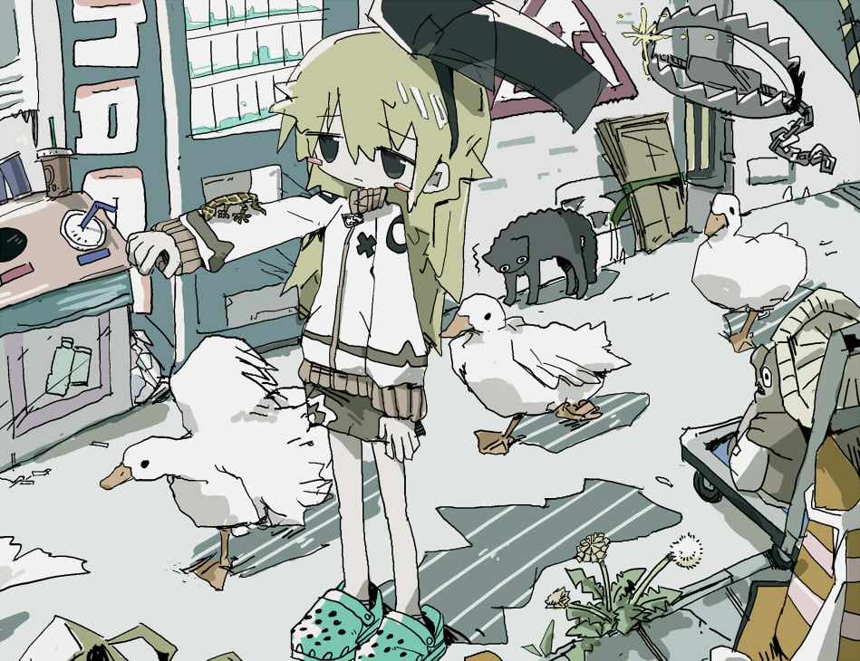 1girl, bear_trap, bird, black_cat, blush_stickers, cat, circle, crocs