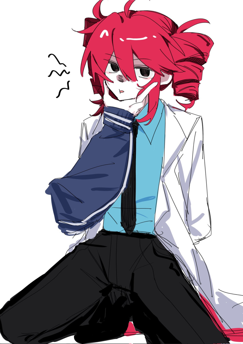 2girls, ahoge, black_eyes, black_necktie, black_pants, blue_shirt, coat, collared_shirt