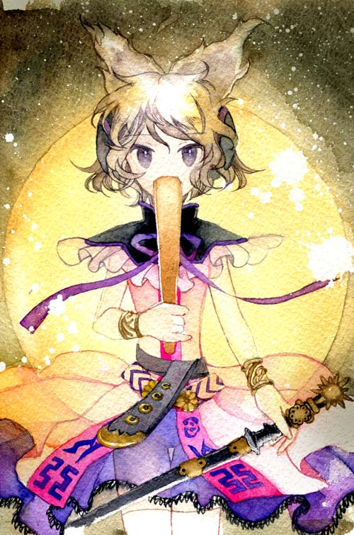 blonde_hair, bracelet, brown_hair, circumflex_(artist), covering, covering_face, covering_mouth, earmuffs, headphones, jewelry, looking_at_viewer, purple_eyes, ritual_baton, scabbard, see-through, sheath, sheathed, short_hair, solo, sword, thigh_gap, thighhighs, thighs, touhou, toyosatomimi_no_miko, traditional_media, violet_eyes, watercolor_(medium), weapon, white_legwear