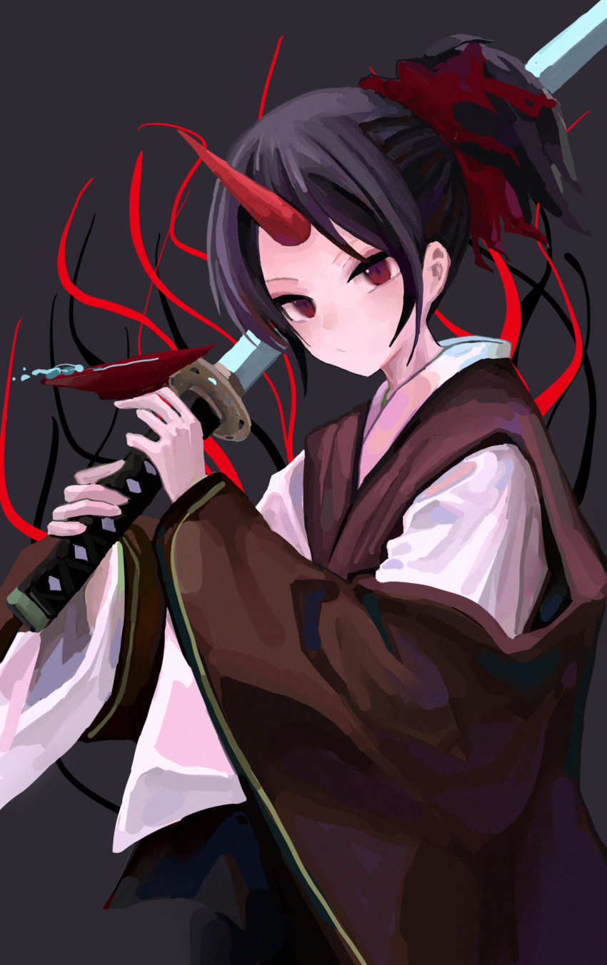 1girl, black_hair, black_jacket, commentary_request, cup, expressionless, funengliang_(naidesu), grey_background
