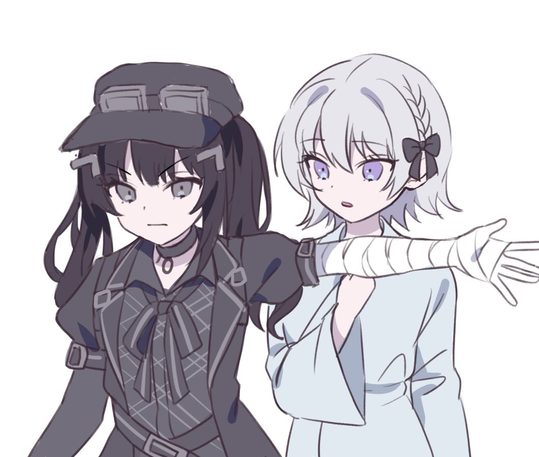 2girls, bandaged_arm, bandages, black_choker, black_hair, black_hat, braid, checkered_clothes