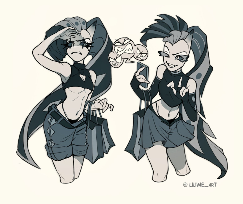 2girls, aqua_eyes, commentary, demon_girl, demon_horns, english_commentary, evil_grin, evil_smile