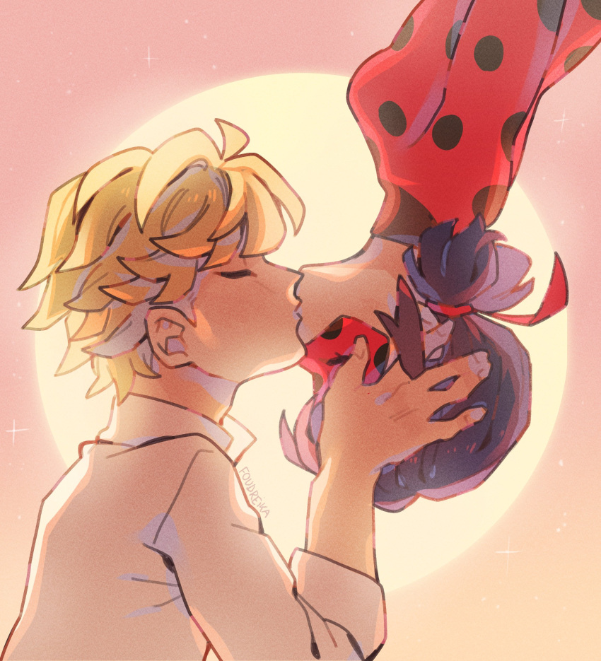 1boy, 1girl, absurdres, adrien_agreste, black_hair, blonde_hair, bodysuit, closed_eyes