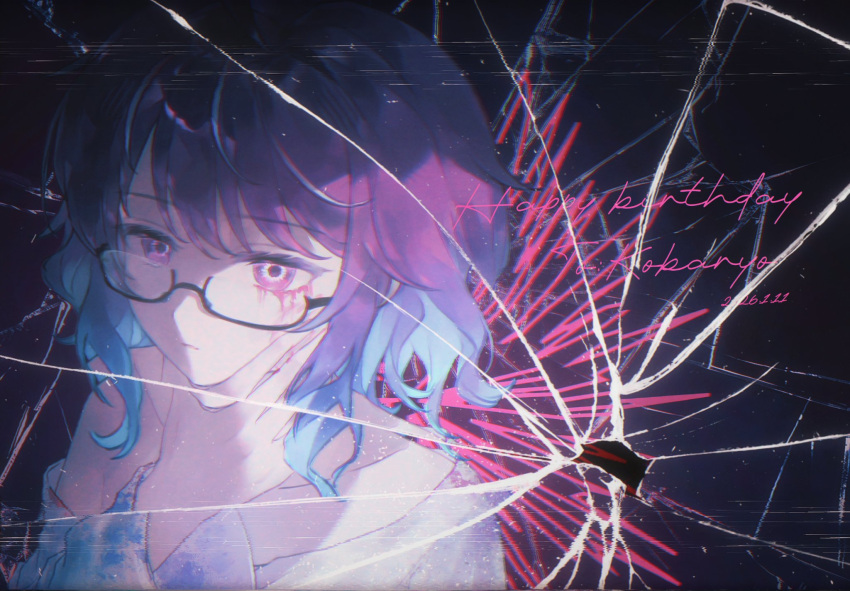 1girl, bare_shoulders, blood, blood_from_eyes, broken_glass, commentary, cracked_screen, english_text
