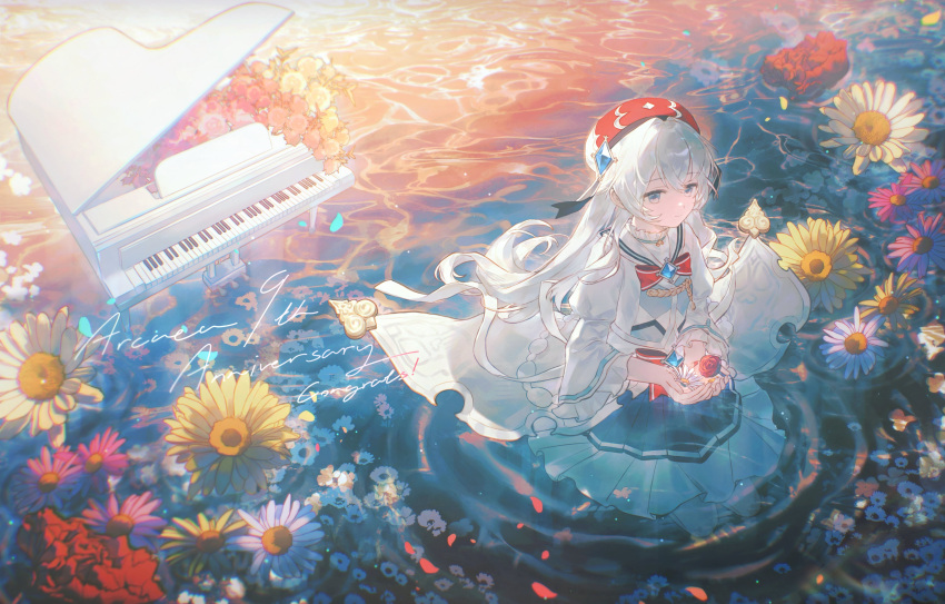 1girl, absurdres, arcaea, beret, blue_skirt, bow, collar, commentary_request, dress, english_text, flower, frilled_collar, frilled_sleeves, frills, gem_hat_ornament, hat, hat_ribbon, highres, hikari_(arcaea), holding, holding_flower, in_water, instrument, kneeling, layered_dress, layered_skirt, lolita_fashion, long_sleeves, piano, pink_flower, red_bow, red_flower, red_hat, red_rose, ribbon, rose, sailor_collar, si1chan, sitting, skirt, solo, white_dress, white_flower, white_sailor_collar, wide_sleeves, yellow_flower