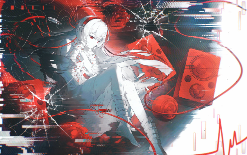 1girl, absurdres, arcaea, bandaged_arm, bandaged_leg, bandages, bare_shoulders, barefoot, cable, colored_skin, commentary, cross-laced_clothes, cross-laced_dress, doro-c, dress, hair_between_eyes, hand_on_headphones, hardcore_tano-c, headphones, highres, long_hair, red_eyes, si1chan, solo, speaker, untranslatable_commentary, white_dress, white_hair, white_skin