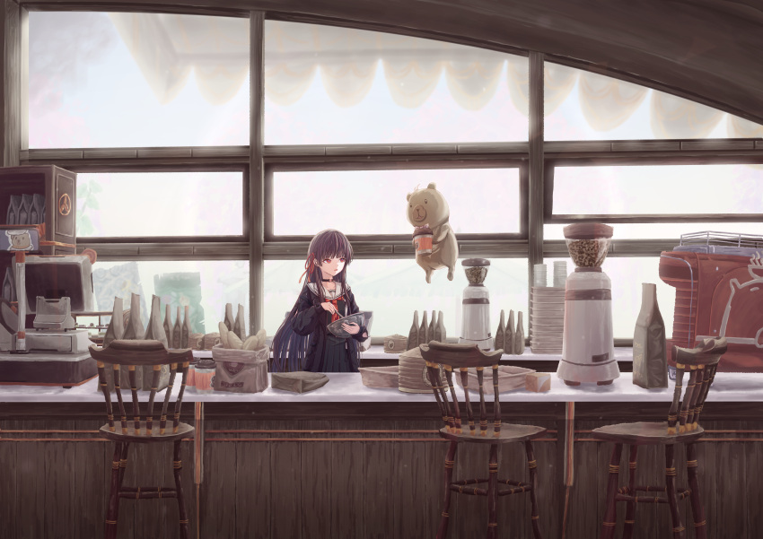 1girl, absurdres, arm_cutout, bar_stool, black_choker, black_hair, black_jacket, black_serafuku