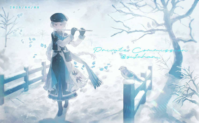 1girl, absurdres, artist_name, bag, bare_tree, belt, bird, black_bag