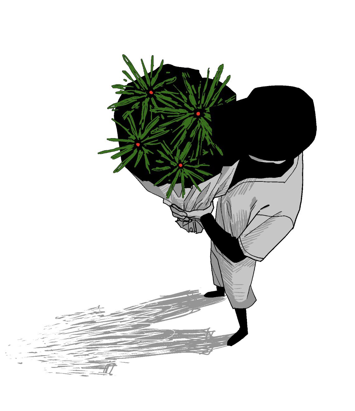 1boy, baseball_cap, black_hat, black_shoes, bouquet, commentary, english_commentary, flower