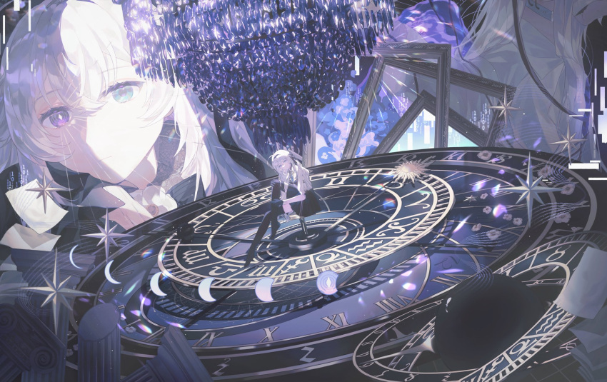 2girls, absurdly_detailed_composition, black_choker, black_gloves, black_hairband, black_skirt, black_thighhighs, blue_eyes