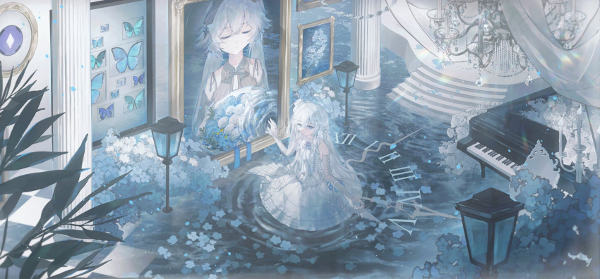 bare_shoulders, blue_butterfly, blue_eyes, bug, butterfly, chandelier, clock, closed_eyes