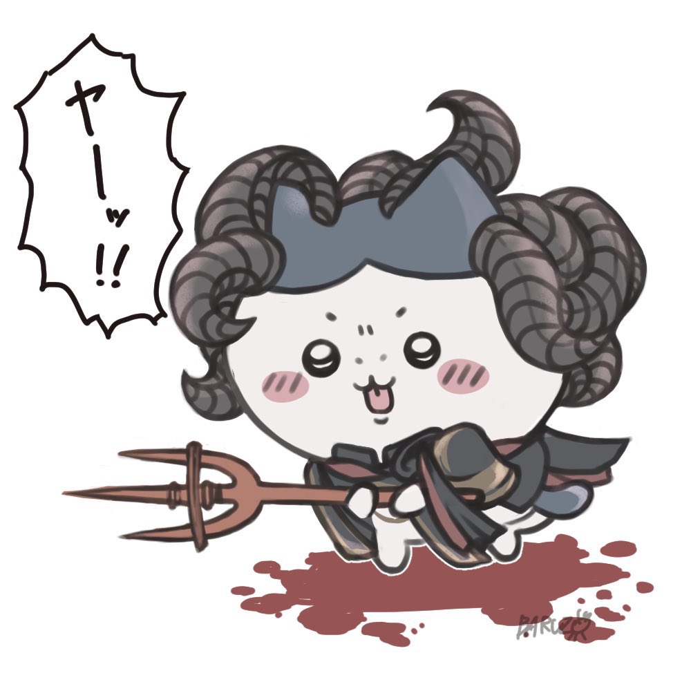 asymmetrical_horns, blood, blush_stickers, cat, chibi, chiikawa, cosplay, crossover