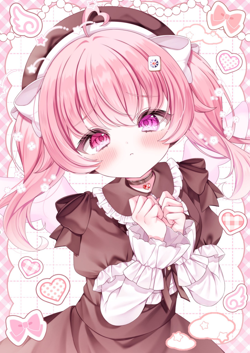 1girl, :<, ahoge, argyle_border, beads, beret, bib_collar, black_hat