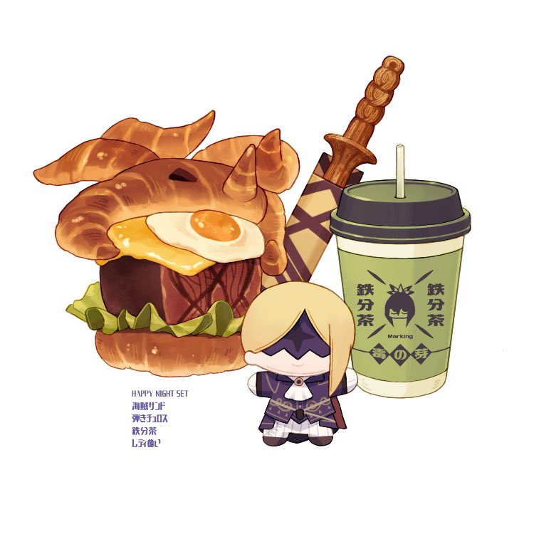 1girl, ascot, asymmetrical_bangs, blindfold_mask, blonde_hair, burger, chibi, commentary