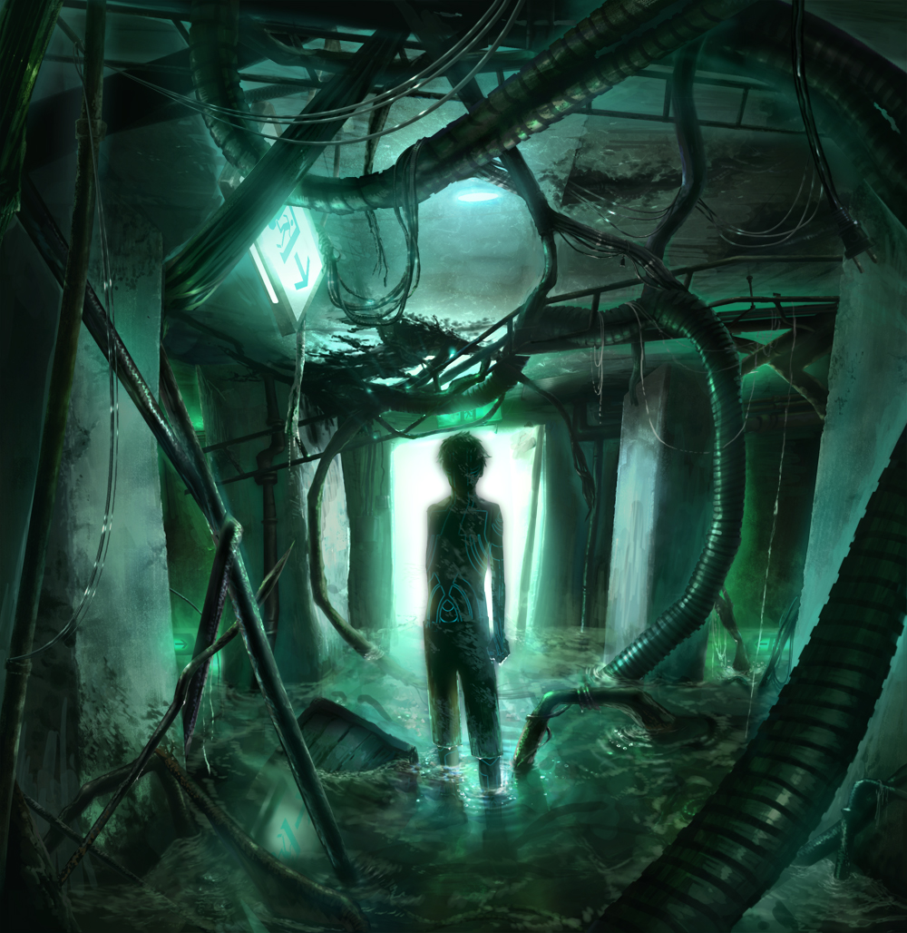 glowing, hitoshura, neon_trim, pipes, shin_megami_tensei, shin_megami_tensei_iii:_nocturne, topless, uzurara, water