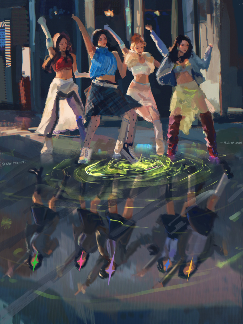 6+girls, absurdres, aespa, black_eyes, black_hair, black_pants, black_skirt, blue_gloves, blue_jacket, blue_shirt, blue_skirt, cropped_shirt, crossover, dancing, danielle_(newjeans), different_reflection, ditto_(newjeans), elbow_gloves, english_commentary, giselle_(aespa), gloves, haerin_(newjeans), hair_bun, hand_up, hanni_(newjeans), highres, hyein_(newjeans), jacket, k-pop, karina_(aespa), kneehighs, kotonesque, lemonade_(aespa), long_hair, looking_at_viewer, minji_(newjeans), multiple_girls, newjeans, ningning_(aespa), orange_hair, pants, parted_lips, real_life, red_shirt, reflection, school_uniform, shirt, single_hair_bun, skirt, sleeveless, sleeveless_shirt, socks, sparkle, white_shirt, white_skirt, white_socks, winter_(aespa)