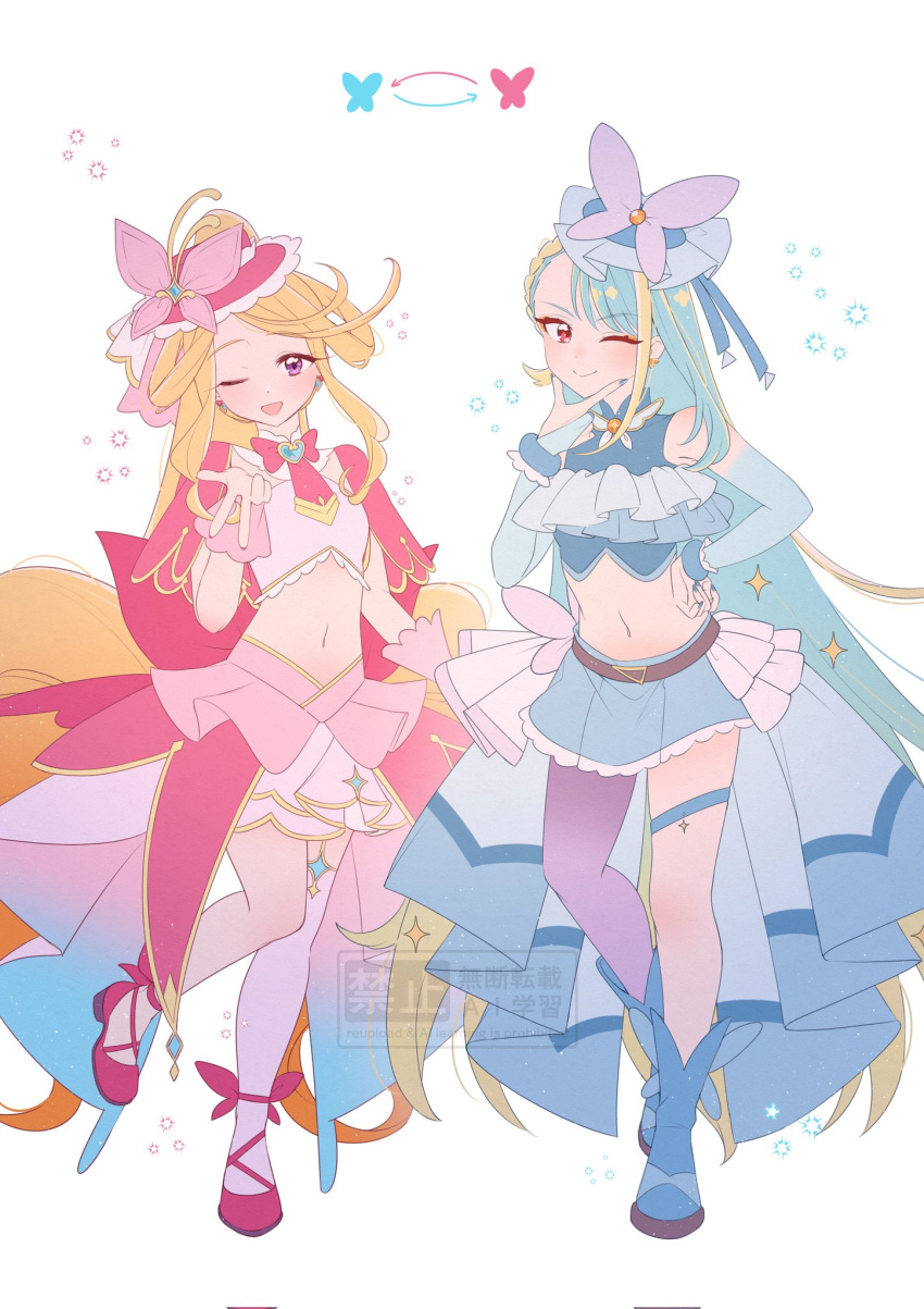 2girls, ankle_boots, back_bow, belt, black_belt, blonde_hair, blue_boots, blue_gloves