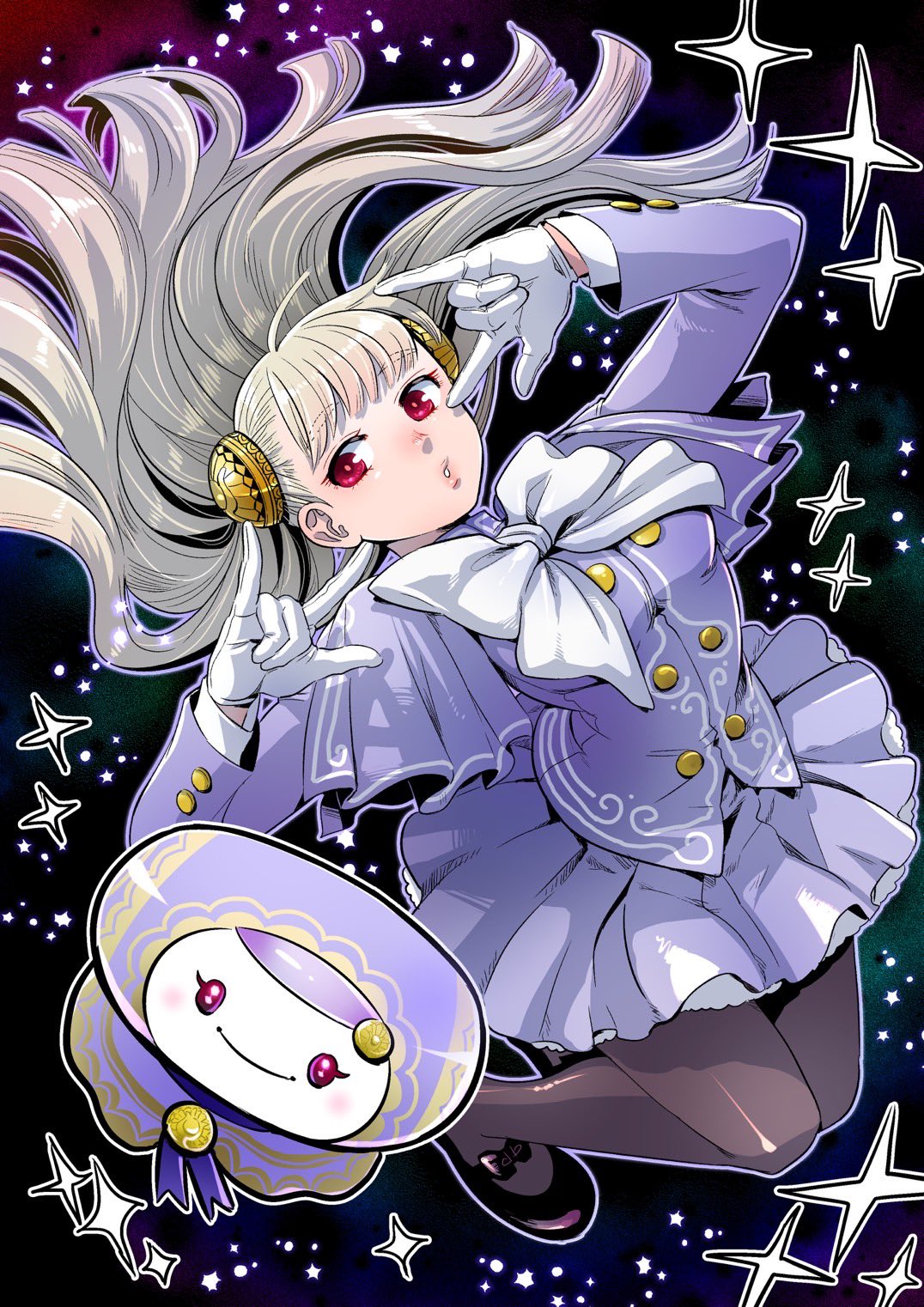 1girl, :o, \m/, black_shoes, blonde_hair, bow, bowtie, character_doll