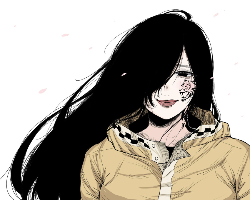 1girl, black_eyes, black_hair, chochoco_359, coat, commentary_request, facial_tattoo, falling_petals