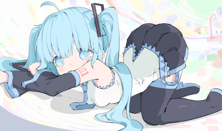1girl, absurdres, ahoge, all_fours, aqua_eyes, aqua_hair, black_skirt, black_sleeves