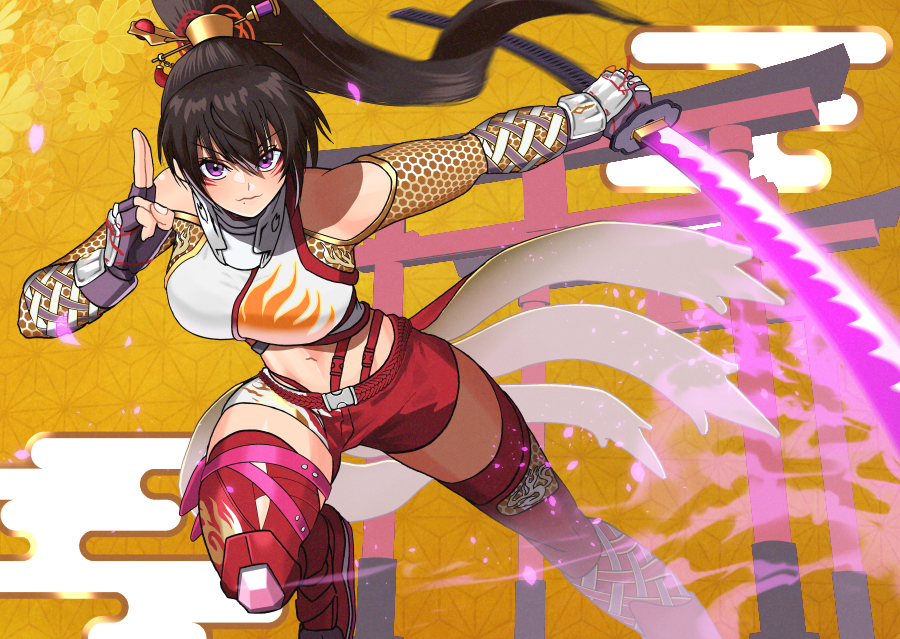 1girl, akisu_k, arm_guards, commentary_request, holding, holding_sword, holding_weapon, japanese_clothes