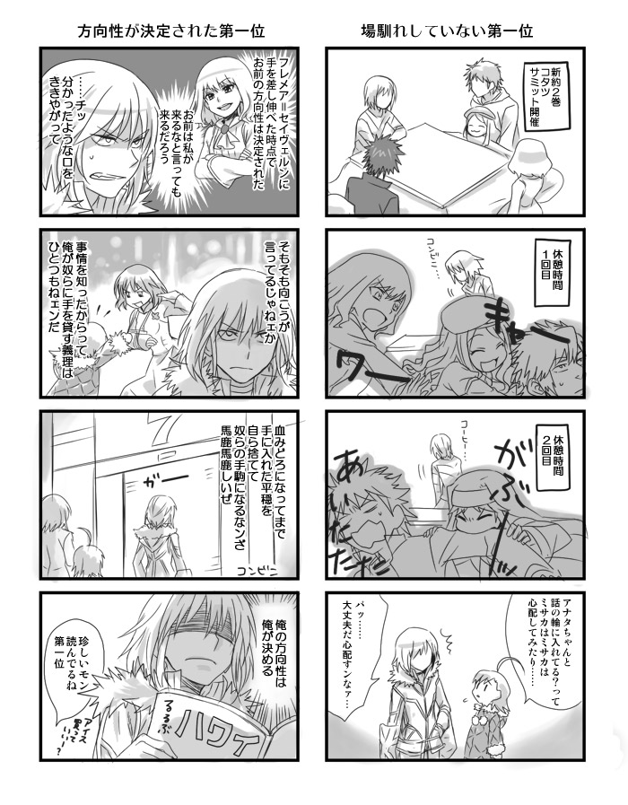 accelerator, ahoge, beret, biting, cast, character_request, coat, comic