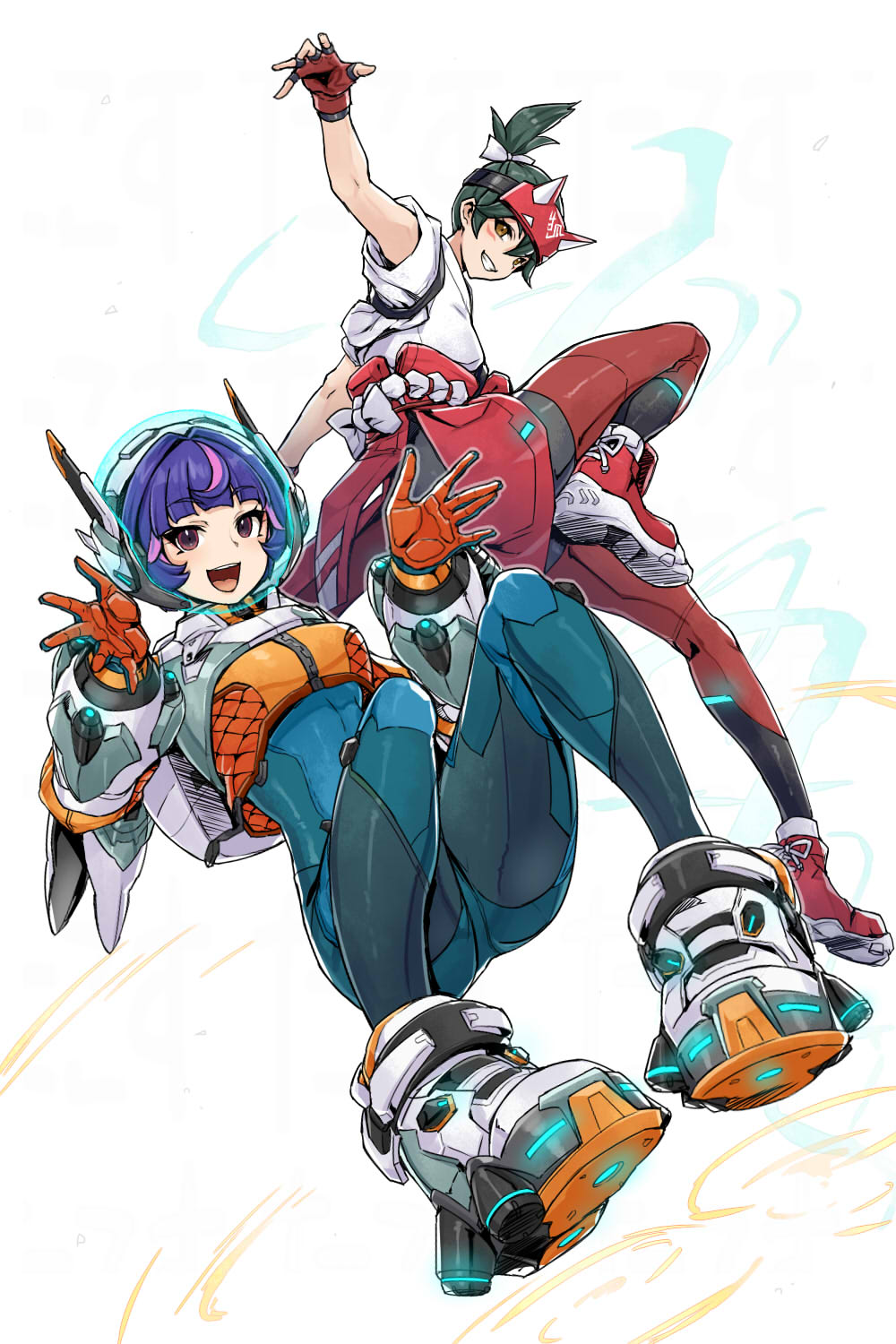 2girls, blue_bodysuit, bodysuit, brown_eyes, colored_shoe_soles, commentary, cropped_jacket, cyber_fashion