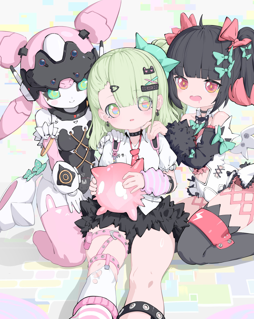 3girls, absurdres, angels_of_delusion, aria_(robot)_(zenless_zone_zero), aria_(zenless_zone_zero), asymmetrical_legwear, black_hair, black_leotard, black_skirt, black_thighhighs, bow, commentary_request, deformed, green_eyes, green_hair, hair_bow, highres, kou_koufu, leotard, multiple_girls, multiple_hair_bows, nangong_yu, pink_thighhighs, red_eyes, robot_girl, shirt, sitting, skirt, socks, sunna_(zenless_zone_zero), thigh-highs, white_leotard, white_shirt, white_socks, zenless_zone_zero