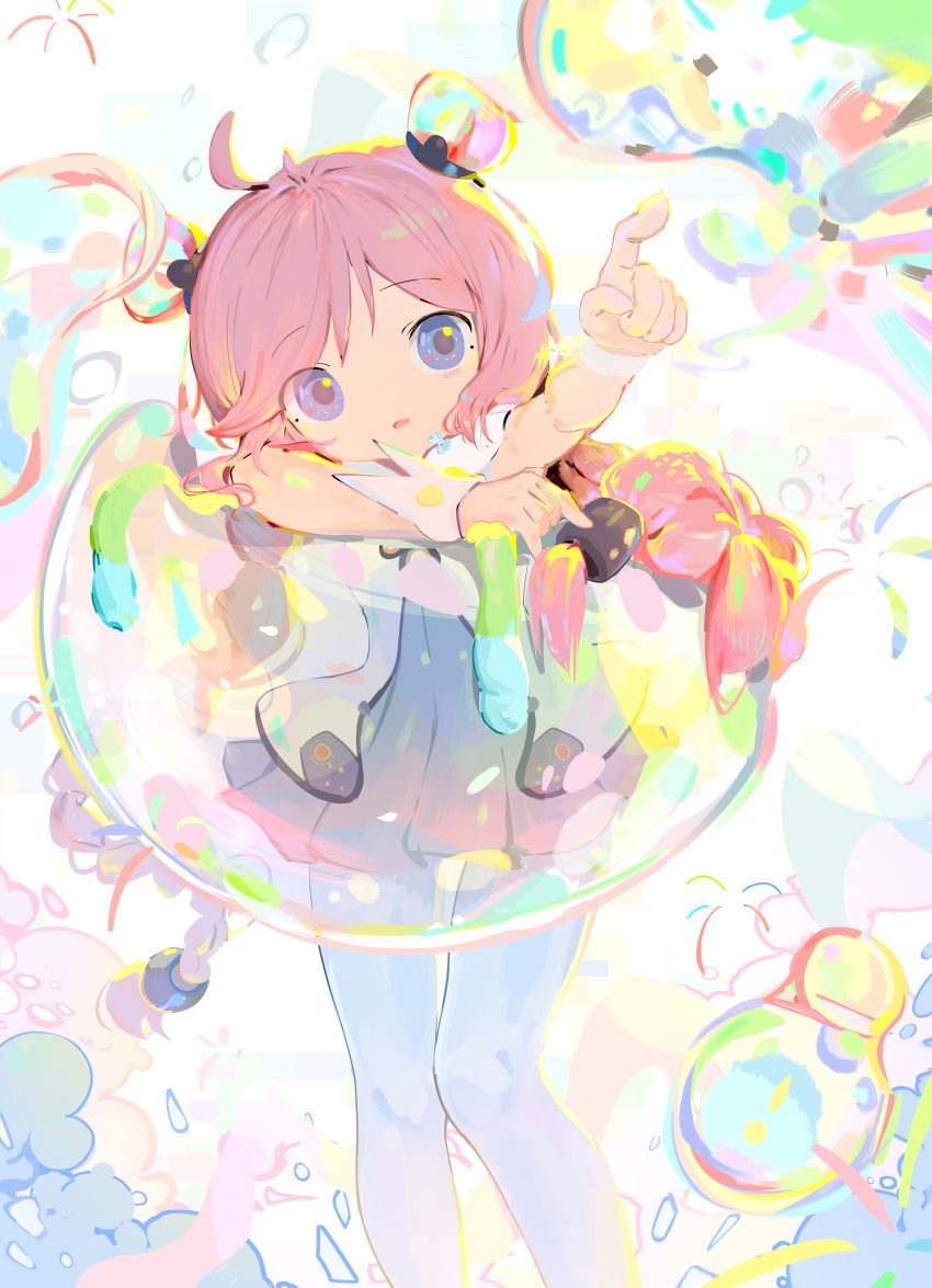 1girl, absurdres, ahoge, blue_eyes, bubble, commentary_request, deformed, dress