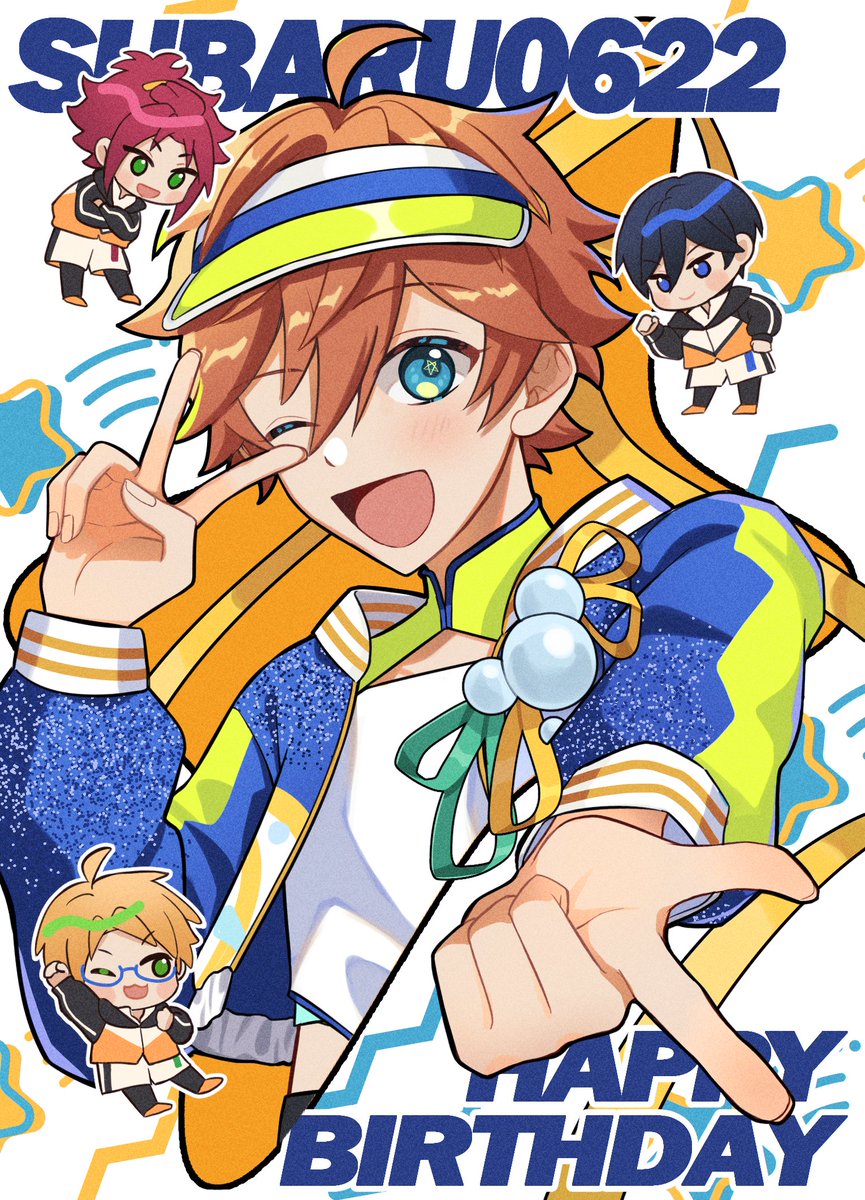 4boys, ahoge, akehoshi_subaru, black_hair, blonde_hair, blue_eyes, blue_jacket, character_name