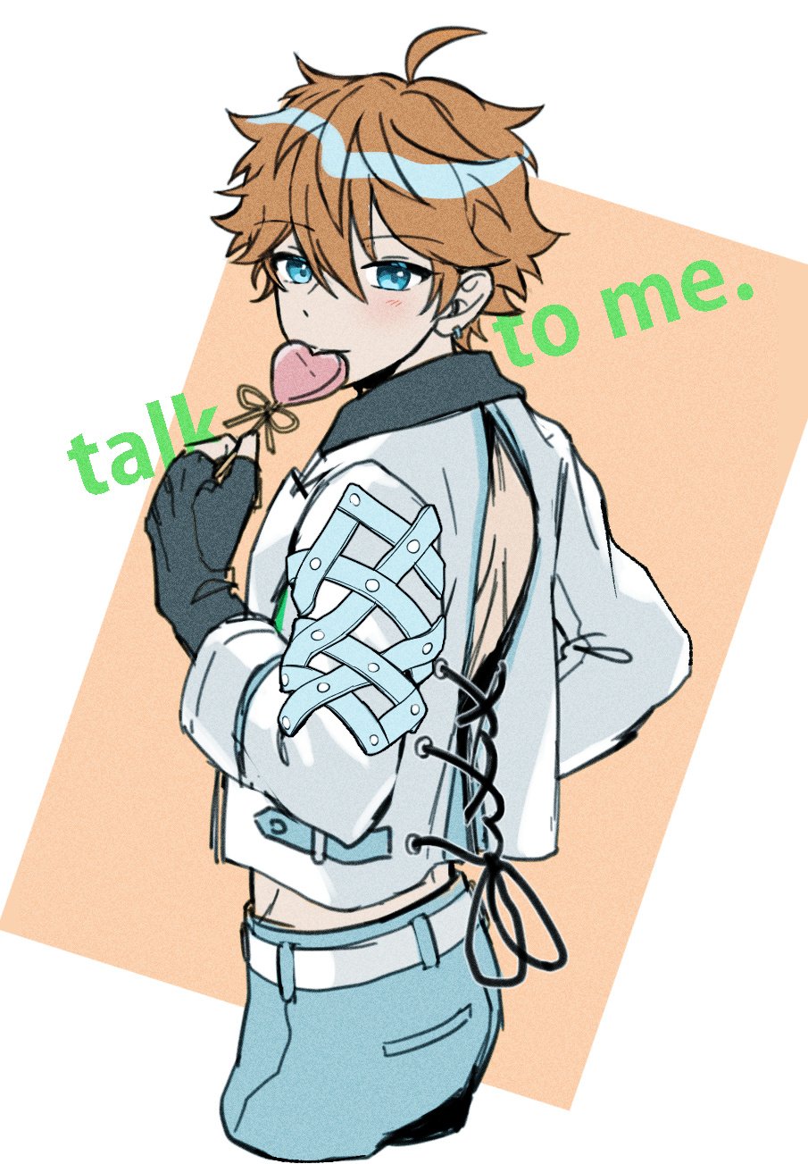 1boy, ahoge, akehoshi_subaru, back_cutout, belt, black_gloves, blue_eyes, blue_pants