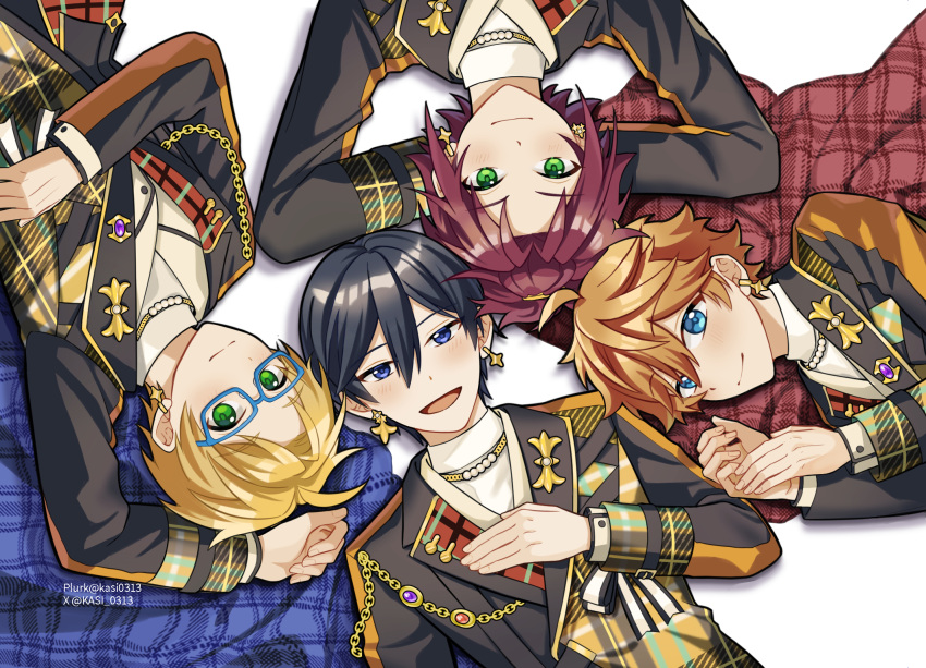 4boys, ahoge, akehoshi_subaru, arm_up, arms_behind_head, black_hair, black_jacket, blonde_hair, blue-framed_eyewear, blue_eyes, closed_mouth, commentary, earrings, english_commentary, ensemble_stars!, glasses, green_eyes, hair_between_eyes, hand_on_own_chest, hidaka_hokuto, highres, isara_mao, jacket, jewelry, kasi_(kasi_0313), lapels, long_sleeves, looking_at_viewer, lying, male_focus, multiple_boys, on_back, open_mouth, orange_hair, red_hair, short_hair, simple_background, smile, trickstar_(ensemble_stars!), upper_body, white_background, yuuki_makoto_(ensemble_stars!)