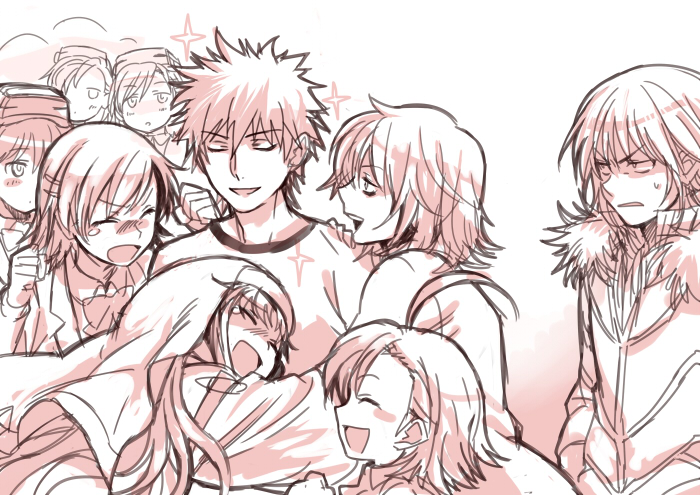 6+girls, ^_^, accelerator, ahoge, blush, blush_stickers, closed_eyes, eyes_closed