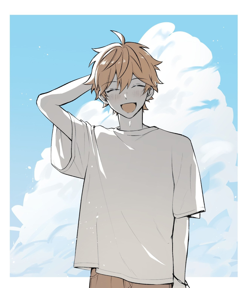 1boy, ahoge, akehoshi_subaru, arm_behind_head, arm_up, blue_sky, blush, border