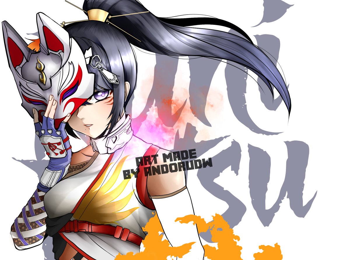 1girl, andorudw, black_hair, holding_kitsune_mask, kitsune_marks, kunimitsu_ii, lavender_eyes, namco, solo, tekken, tekken_8